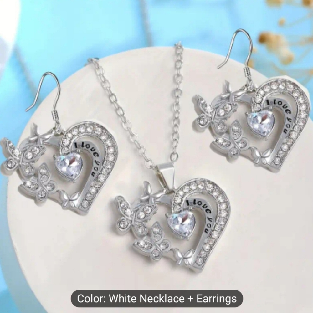 Elegant Butterfly Rhinestone Heart-Shaped Necklace & Earrings Set - White - NWOT